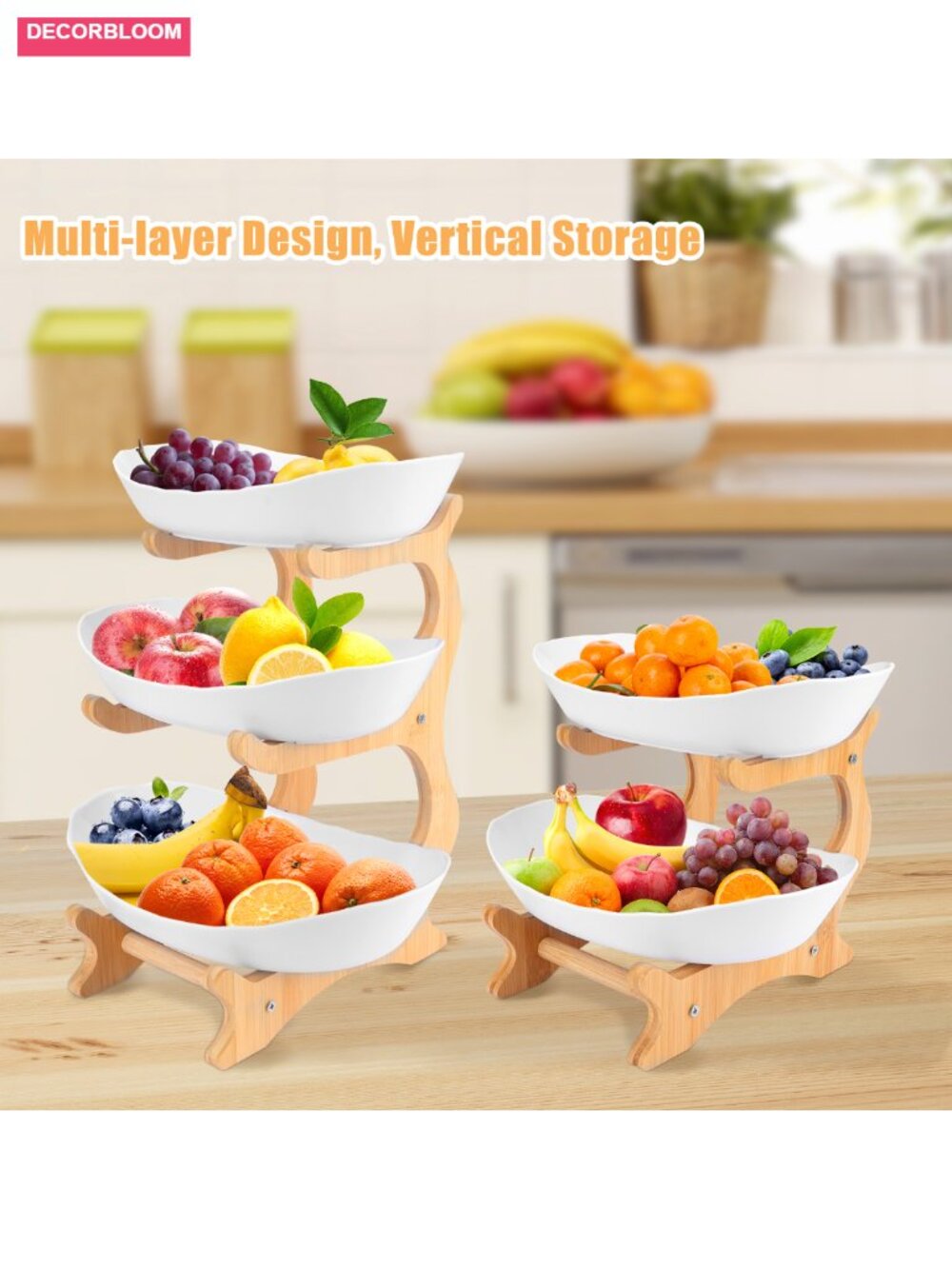 3-Tier Fruit Basket Stand with Bamboo and Plastic Bowls, Kitchen Counter - Picture 6 of 6